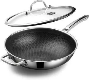 Wok pan,Hybrid 12 inch Wok with Lid, PFOA Free Cookware,non stick Stainless Steel Woks & Stir-fry pans Nonstick, Dishwasher and Oven Safe, Works on Induction