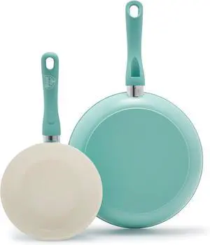 GreenLife Non Stick Fry Pan Set (7" & 10"), Non-Toxic PFAS-Free Ceramic Skillets, Dishwasher & Oven Safe, Egg Omelet Frying Pans, Stay- Cool Handles, Kitchen Home Cooking Essentials, Turquoise