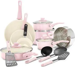 GreenLife 16 Piece Nonstick Cookware Set, Soft Grip Non-Toxic PFAS-Free Ceramic Pots & Pans, Dishwasher & Oven Safe, Frying, Sauce, Saute, Utensils, Glass Lids, Stay-Cool Handles, Wobble Free, Pink
