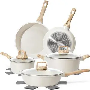 12 Pcs Pots and Pans Set Non Stick, Cookware Sets White Granite Induction Cookware, Non-toxic Healthy Nonstick Kitchen Cooking Set with Frying Pans Set, Saucepans (PFAS/PFOA/PFOS Free)