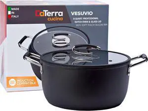 DaTerra Cucina - 8 Qt Nonstick Ceramic Dutch Oven with Lid  Large Stock Pot, Oven & Induction Safe, Heavy Duty, Lightweight, Lead & PFOA Free, Volcanic Black | Made in Italy