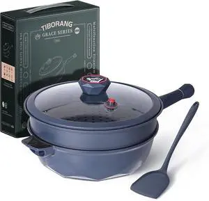 TIBORANG 8 in 1 Multipurpose 11 Inch 5 Quart Heat Indicator Nonstick Deep Frying Pan with Glass Lid, Stay-cool Handle, Steamed Grid, PFOA-Free,Dishwasher&Oven Safe,Works with All Stovetops(Navy Blue)