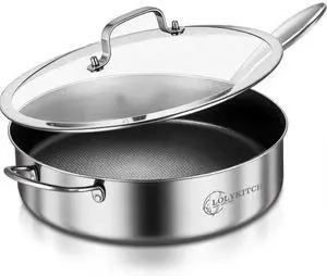 LOLYKITCH 6 QT Hybrid Tri-Ply Stainless Steel Non-Stick Sauté Pan with Lid,12 Inch Deep Frying Pan,Large Skillet,Jumbo Cooker,Induction Pan, Oven Safe and Detachable Handle.