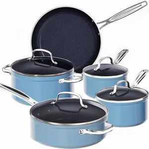 Nuwave 9pc Cookware Set Healthy Duralon Blue Ceramic Nonstick Coated, Diamond Infused Scratch-Resistant, PFAS Free, Oven Safe, Induction Ready & Evenly Heats, Tempered Glass Lids & Stay-Cool Handle