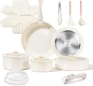 Chef Power Ceramic Cookware Set Non Toxic with Detachable Handles, Healthy Nonstick Pans and Pots Set 19 Pcs, Induction Dishwasher Oven Safe Kitchen Set, PFAS PFOA & PTFE Free, Cream White