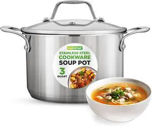 NutriChef 3-Quart Stainless Steel Pot with Glass Lid - 18/8 Food Grade Heavy Duty Cookware Stockpot for Stews, Simmering & Soups, Dishwasher Safe, For Induction, Gas & Ceramic Cooktops - NCSP3