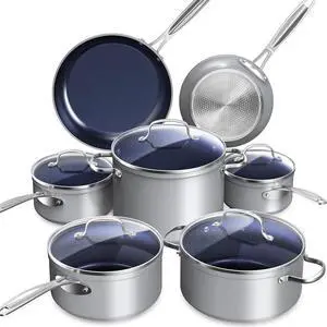 Nuwave Healthy Duralon Blue Ceramic Nonstick Cookware Set, Diamond Infused Scratch-Resistant, PFAS Free, Dishwasher & Oven Safe, Induction Ready & Evenly Heats, Tempered Glass Lids & Stay-Cool Handles