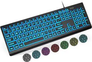 SABLUTE Large Print Backlit Keyboard, Wired USB Lighted Computer Keyboards with 7-Color & 4 Modes Backlit, Oversize Letters Keys Easy to See and Type, Keyboard Compatible for PC, Laptop