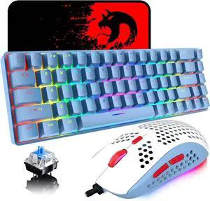 65% Wired Gaming Mechanical Keyboard and Mouse Combo, Mini 68 Keys, RGB Backlight, Lightweight RGB 6400DPI Honeycomb Optical Mouse,Mouse Pad Compatible with PS4,Xbox,PC,Laptop,MAC (Blue/Blue Switch)