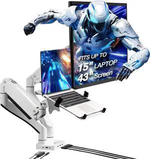 AVLT Dual 17-43" Monitor Arm Desk Mount with 15" Laptop Tray and USB-C Docking Station, HDMI 4K60Hz, USB-A 5Gbps, Ethernet, 100W PD, Fits Two Flat/Curved Monitor - White