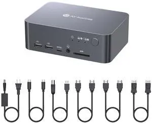 AV Access Docking Station Dual Monitor, KVM Switch 2 Monitors 2 Computers (Laptop & Desktop), USB-C Charge & Ethernet for Laptop, EDID, 4K@60Hz Dual HDMI Output, 120W Power Adapter, 5xUSB, Audio, SD