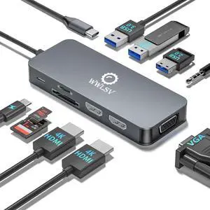 USB C Hub, 10-in-1 Docking Station Dual Monitor with 4K HDMI, VGA, Fast Charging Port, USB 3.0 & 2 USB 2.0 Ports, SD/TF Card Reader, 3.5mm AUX, USB C Dongle for MacBook, Dell, Lenovo, HP Laptops