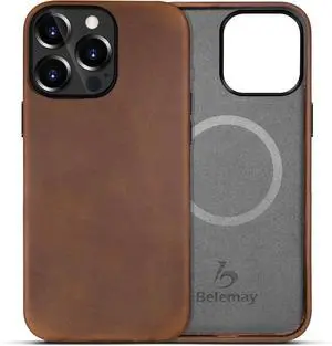 Belemay for iPhone 12 & 12 Pro Leather Case - Magsafe - Top Grain Vintage Crazy Horse Leather - Metal Buttons & Camera Bezel Bump - Slim Fit - Premium Phone Cover (6.1-inch) Retro Brown