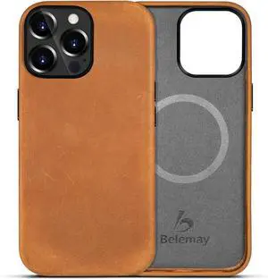 Belemay for iPhone 12 & 12 Pro Leather Case - Magsafe - Top Grain Vintage Crazy Horse Leather - Metal Buttons & Camera Bezel Bump - Slim Fit - Premium Phone Cover (6.1-inch) Tan Brown