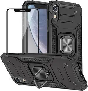 HNHYGETE for iPhone XR Phone Case with Screen Protector: (Heavy Duty) Military Grade 360° Rotatable Kickstand Shockproof Protective Cases for iPhone XR (Black)