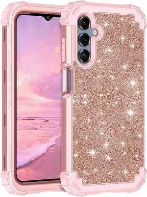 LONTECT for Galaxy A15 5G Case Glitter Sparkly Bling 3 in 1 Shockproof Heavy Duty Hybrid Sturdy High Impact Protective Cover Case for Samsung Galaxy A15 6.5" 2024,Shiny Rose Gold