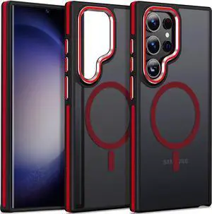 Case for Samsung Galaxy S22 Ultra Magnetic Compatible with Magsafe, Slim Translucent Cover [Shockproof Tested] Anti-Slip Soft TPU Edge Protective Case for Galaxy S22 Ultra 5G (Black/Red)