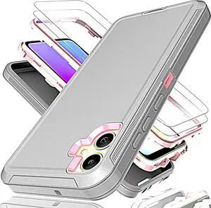 for Galaxy A05 Case with Explosion-Proof Film[2 Pack],3 in 1 Shockproof TPU Hard PC Bumper Drop-Proof Shell for Samsung Galaxy A05 Lihgt Gray/Pink