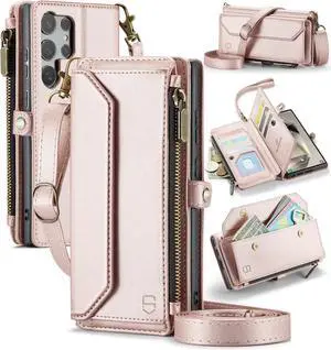Wallet Case Compatible with Samsung Galaxy S24 Ultra 5G RFID Blocking 10-Card Holder Soft PU Leather Magnetic Snap Strap Zipper Pocket Phone Case Fit for Galaxy S24 Ultra - Rose Gold