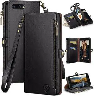 XcaseBar for iPhone 7Plus/8 Plus 5.5" Wallet case with Zipper Credit Card HolderRFID Blocking, Flip Folio Book PU Leather Phone case Shockproof Cover Women Men for Apple 7 Plus case Black