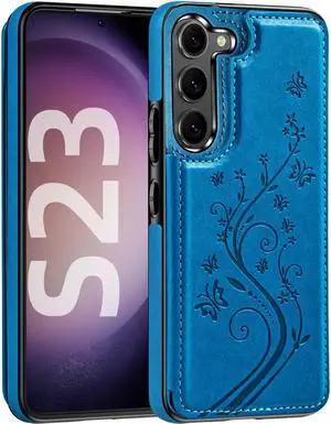Korecase Wallet Phone Case for Samsung Galaxy S23 with Card Holder, Butterfly Floral PU Leather Back Flip Case -Blue