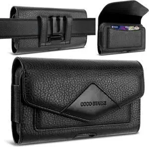 Leather Cell Phone Holster Belt Loop Phone Belt Holder for Men Carrying Phone Pouches Wallet Black for iPhone 16 15 14 13 12 14Pro/Pro Max Samsung Motorola Compatible with Case/Cover