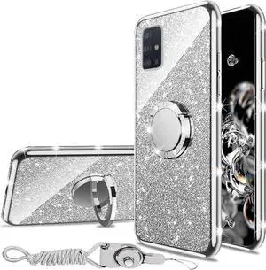 nancheng for Samsung Galaxy A51 5G Case (6.5-inch) Cute Girls Women Glitter Soft TPU Cover with Ring Kickstand Strap Lanyard Shockproof Protective Phone Case - Silver