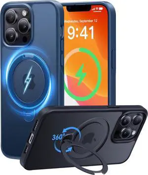CASEKOO Patented 360 Spin Magnetic Stand for iPhone 13 Pro Max Case [Military Drop Protection] [Non-Slip Edge] [Compatible with MagSafe] Matte Shockproof Slim for 13 ProMax Case 6.7'', Blue