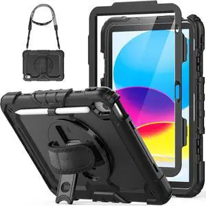 HXCASEAC Case for A16 iPad 11th/10th Generation, Heavy Duty Protective, with Screen Protector, Pencil Holder, 360 Stand, Hand Strap, Shoulder Strap, (A2969/A2757/A3354/A3355/3356), Black