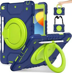 Case for iPad 9th/8th/7th Generation 10.2 inch, Heavy Duty Shockproof Cover with 360° Rotating Handle/Bracket/Pen Holder/Shoulder Strap, Kids Case for iPad 2021/2020/2019 (Navy+Green)