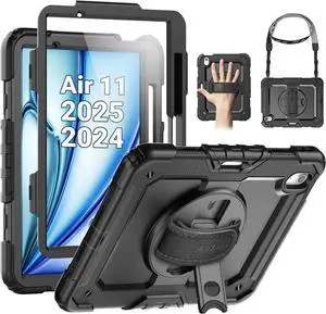 SEYMAC Case for iPad Air 11 Inch M3 2025/M2 2024 (Air 7th/6th Generation), Heavy Duty Shockproof Protective Case with Screen Protector, Rotating Stand and Hand/Shoulder Strap, Black