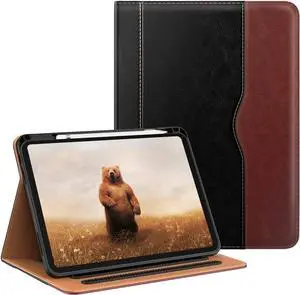 OKP Case for iPad A16 11th Generation 2025 / 10th Gen Case 2022, for 11 Inch / 10.9 Inch iPad Multi-Angle Viewing PU Leather Stand Cover with Pencil Holder & Pocket, Auto Sleep/Wake, Black Brown