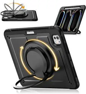 for ipad pro 11 inch case M4 2024, Shockproof Protective Cover,360° Rotating Handle Stand,Adjustable Shoulder Strap& Pencil Holder, Black