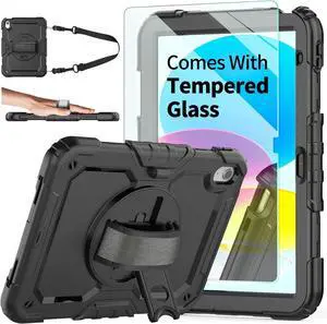 Ambison Case for iPad (A16) 11th/10th Generation 11"/10.9'' 2025/2022,Heavy Duty Shockproof Case with Tempered Glass Screen Protector, 360° Rotating Handle Strap&Stand,Shoulder Strap-Black