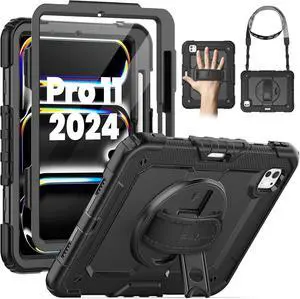 SEYMAC for iPad Pro 11 Inch Case 2024 (M4), Heavy Duty Shockproof Protective Case with Screen Protector, 360° Rotating Stand, Hand/Shoulder Strap and Pen Holder for iPad Pro 11 2024, Black