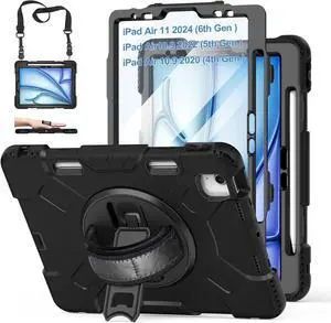 Case for iPad Air 11 M3 2025 & M2 2024: Cover for iPad Air 5th & 4th Generation 10.9 Inch (2020/2022) with Screen Protector- Stand- Handle- Shoulder Strap- Pencil Holder-Black+Black