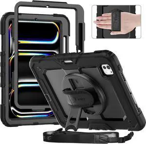 timecity for iPad Pro 11 Inch M4 Case 2024 5th Gen, 360° Rotating Stand, Pencil Holder & Wireless Charging, Shockproof with Screen Protector & Shoulder Strap - for Designers & Professionals, Black