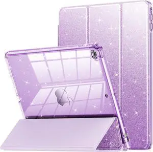 INFILAND Case for iPad 6th/5th Generation 9.7 Inch 2018/2017, iPad Air 2 Cute Glitter Clear Protective Cover for Kids, Girls, Woman, with Pencil Holder (Purple)