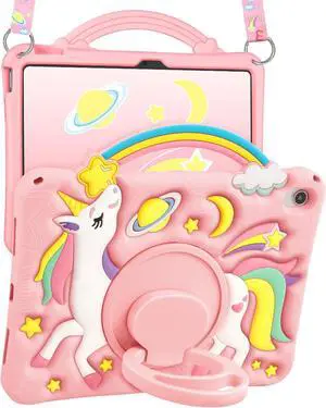Boaretiu for iPad A16 Case/10th Generation Case - Girls Teens Cute Cartoon Rainbow Unicorn 10.9 Inch 2022 Tablet Cover with Strap & Rotating Stand Soft 3D Silicone Funda for iPad 11th 11 Inch 2025