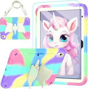 for iPad (A16) 11th Generation 11 Inch 2025/iPad 10th Generation Case 10.9 Inch 2022 with Tempered Glass Screen Protector,Unicorn Stand,Shoulder Strap,for iPad 10 Case Kids Girls (Colourful)