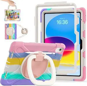Case for iPad 11th Generation 11" (A16) 2025,iPad 10th Generation 10.9" 2022,Shockproof Cover for Kids with Screen Protector,Rotating Stand,Pencil Holder,Shoulder Strap (Colourful Pink)
