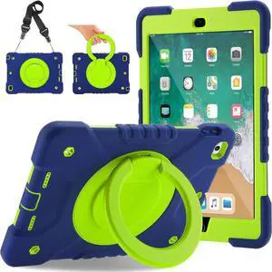 Case for iPad 6th/5th Generation 9.7 inch 2018/2017 Case, iPad Air 2/Pro 9.7 inch Heavy Duty Protective Cover with Pencil Holder, Shoulder Strap, 360 Rotate Handle Stand, Navy+Green