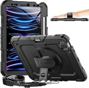 Timecity Case for iPad Pro 11 inch 1st, 2nd, 3rd, 4th Generation 2018/2020/2021/2022 (NOT for 2024), Heavy Duty Rugged Protective Case with Screen Protector,Pencil Holder,Rotating Stand&Handle-Black
