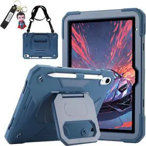 for iPad (A16) 11th Generation 11 Inch 2025/iPad 10th Generation Case 10.9 Inch 2022 with 360 Rotating Grip Magic Stand,Pen Slot/Key Chain/Shoulder Strap,Case for iPad 10th Gen (Navy Blue)