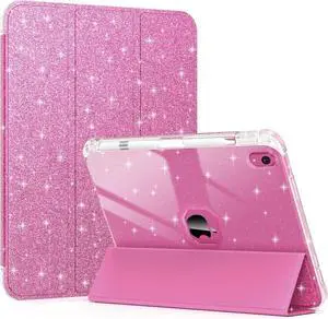 Case for iPad (A16) 11th Generation 11 Inch 2025, iPad 10th Generation 10.9 Inch 2022, Glitter Leather & Shiny Clear TPU Back Cover with Pencil Holder, Support Touch ID, Rosepink