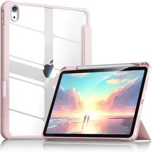 Aoub Case for iPad (A16) 11th Generation 11 inch 2025, iPad 10th Generation 10.9 inch 2022 with Pencil Holder, Clear Transparent Back Shell with Shockproof Cover, Auto Sleep/Wake, Pink
