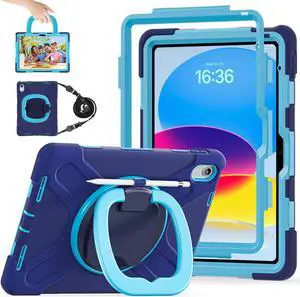 Case for iPad 11th Generation 11" (A16) 2025,iPad 10th Generation 10.9" 2022,Shockproof Cover for Kids with Screen Protector,Rotating Stand,Pencil Holder,Shoulder Strap (Navy Blue+Blue)