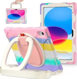 for iPad (A16) 11th/10th Generation Case 2025/2022 (11/10.9),Heavy Sturdy Shockproof Kids Case with Screen Protector,Rotating Stand/Pencil Holder/Shoulder Strap (Colourful Pink)