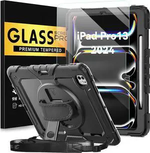 BLOSOMEET Case for iPad Pro 13 Inch 2024 M4 with Tempered Glass Screen Protector & Pencil Holder, Heavy Duty iPad Cover for Pro 13 Inch with Stand Handle Shoulder Strap (Black)