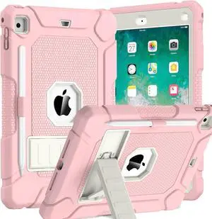 BMOUO Case for iPad 6th 5th Generation (iPad 9.7 inch, 2018/2017), Shockproof Protective iPad 9.7 Case with Built-in Stand/Pencil Holder for iPad 6th/5th Gen, Air 2, Pink